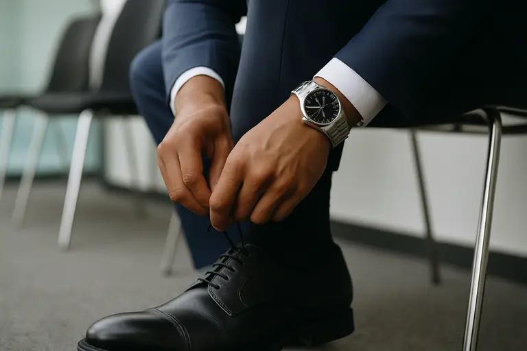 Close view of pressed shirt cuffs and polished shoes before an interview