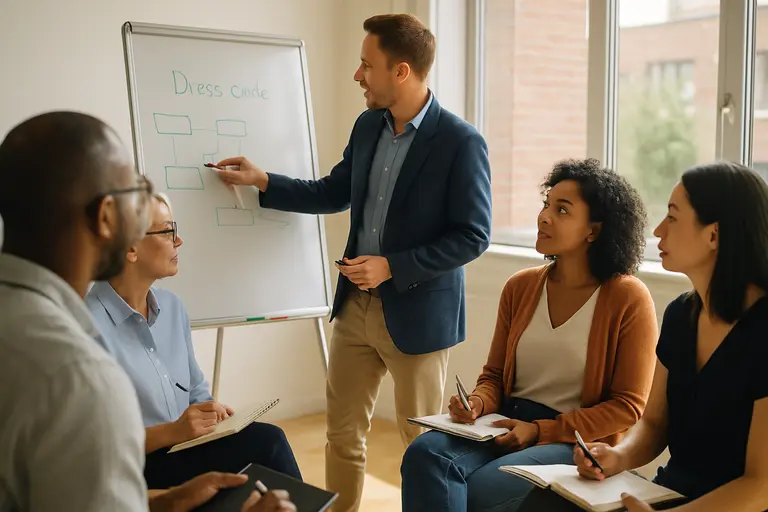 team reviewing a printed workplace policy at a conference table