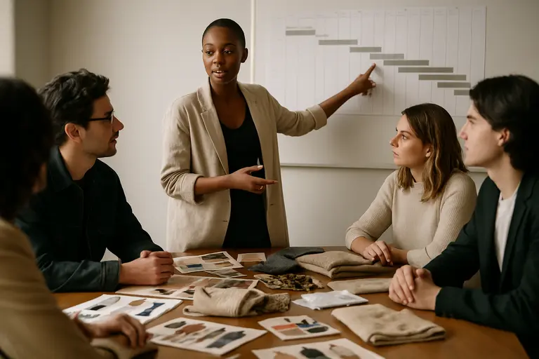 Creative team reviewing clothing, notes, and campaign images