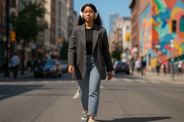 Neutral work outfit with subtle personal accessories