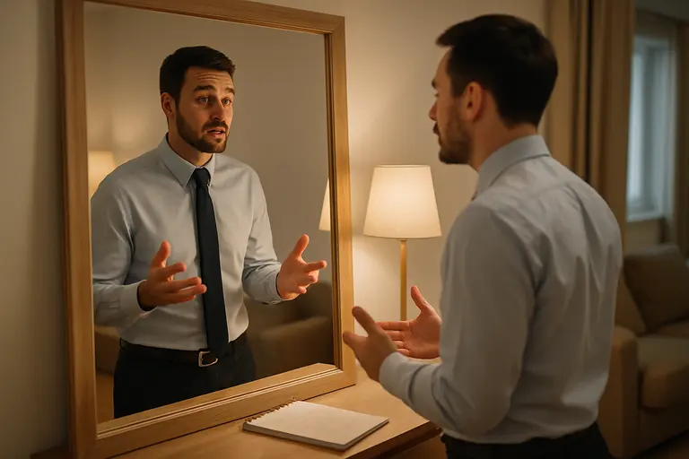Person practicing an interview on camera with balanced lighting