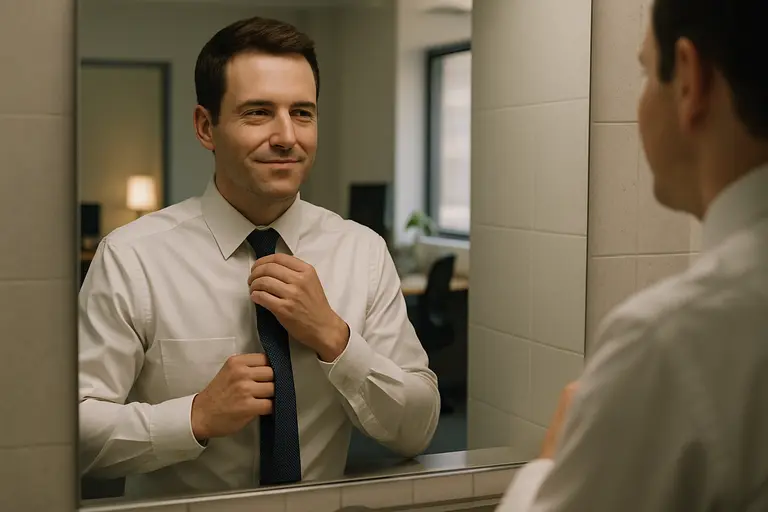 Professional adjusting a jacket before entering a conference room
