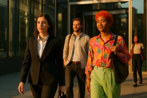 HR manager reviewing EEOC Dress Codes with clothing samples and policy notes