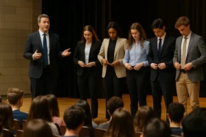 Student preparing executive presence fashion choices before a school leadership event