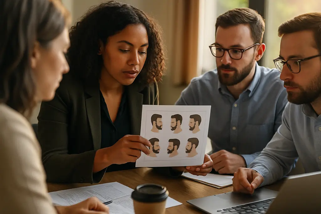 Team reviewing grooming standards and professional headshots at a conference table