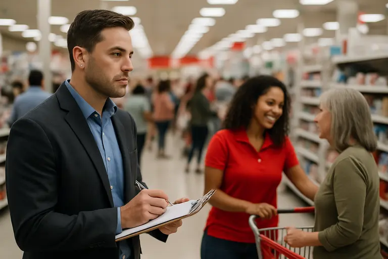 Manager reviewing clothing examples with retail team members before a shift