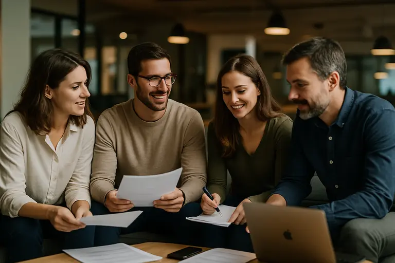 Manager reviewing workplace guidance with a small team in a bright office