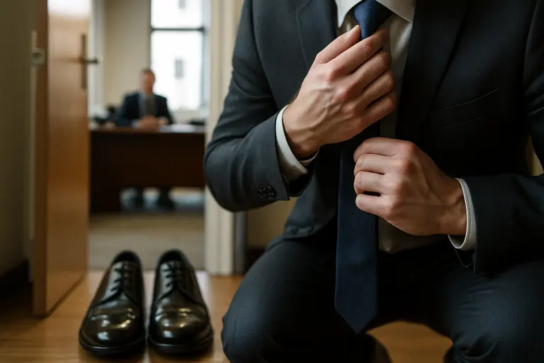 Professional adjusting jacket sleeves before entering an interview room