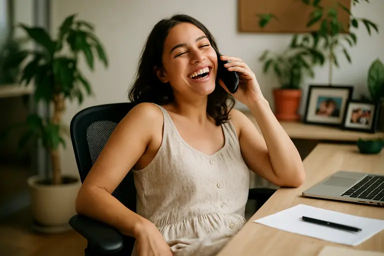 Professional in relaxed clothing standing with open posture in an office