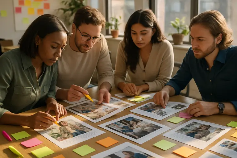 Recruitment materials, headshots, and wardrobe notes arranged for review