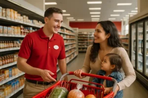 Target dress code employee wearing a red shirt and denim in a retail aisle