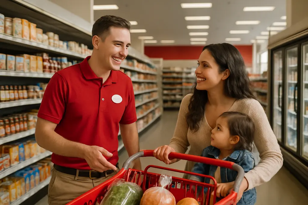 Target dress code employee wearing a red shirt and denim in a retail aisle