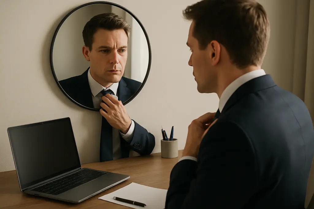 Candidate choosing virtual interview attire before a video call