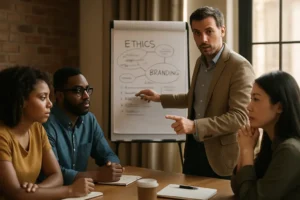 ANA ethics training review with campaign images and notes on a desk