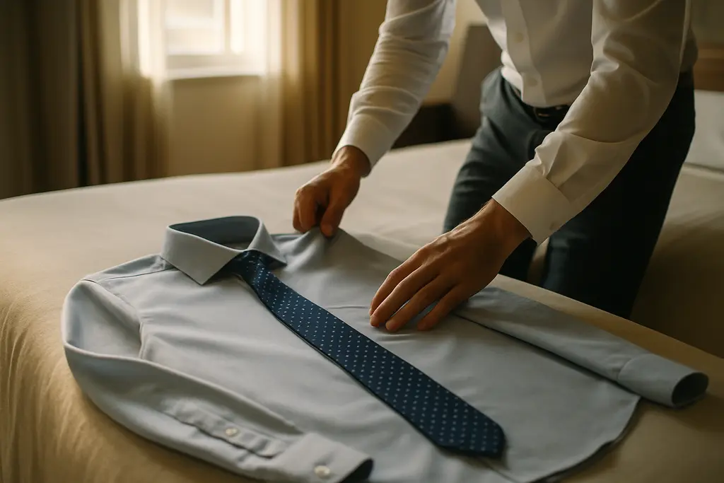 first encounter attire laid out with jacket, shirt, shoes, and meeting notes