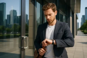 Job seeker selecting a hybrid dress code outfit for an interview