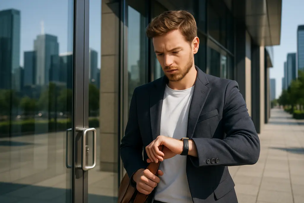 Job seeker selecting a hybrid dress code outfit for an interview