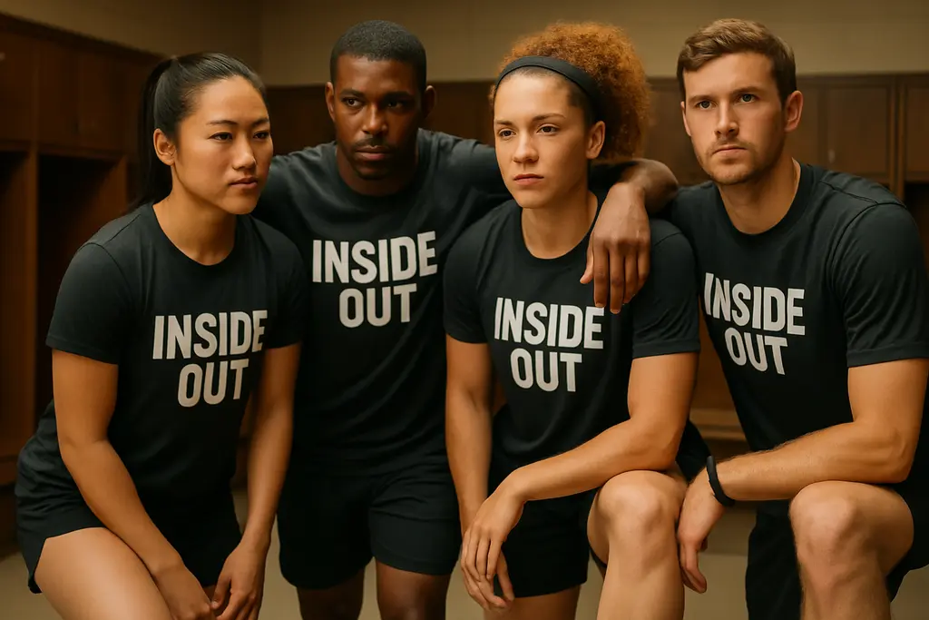 Inside Out campaign shopping bag with personal items arranged for brand identity