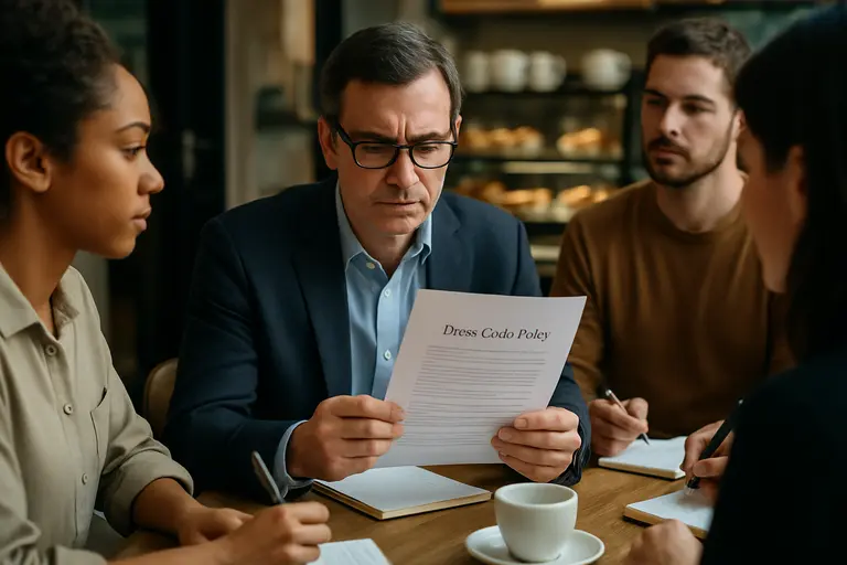 Manager checking a workplace attire checklist beside folded shirts