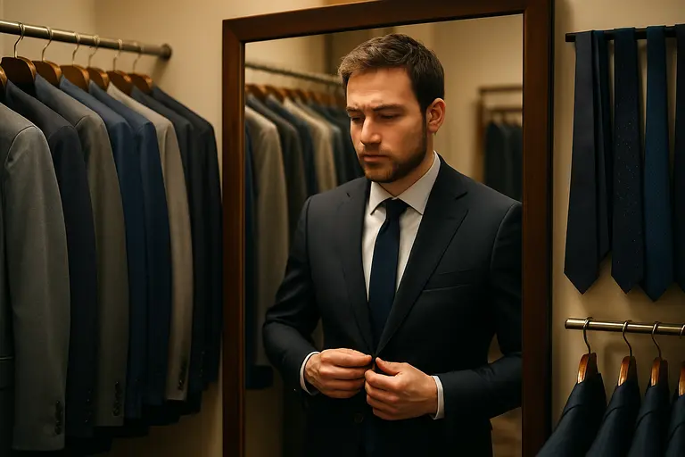 Neat work wardrobe with shoes, jacket, and accessories arranged for the day