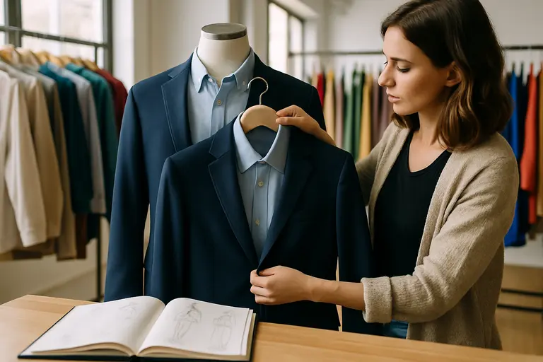 Neutral workwear pieces arranged into simple outfit combinations