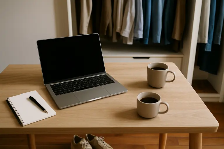 Neutral workwear pieces arranged neatly beside shoes and a notebook