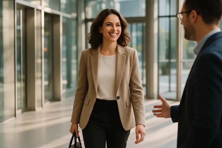 Professional standing confidently in polished business casual clothing