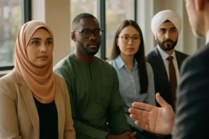 Professional discussing religious dress code options in a workplace setting