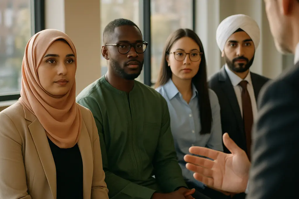 Professional discussing religious dress code options in a workplace setting