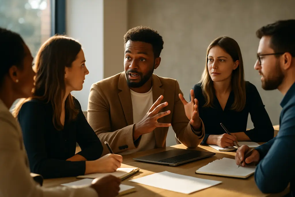 Executive reviewing softer inclusion language in a workplace communication plan